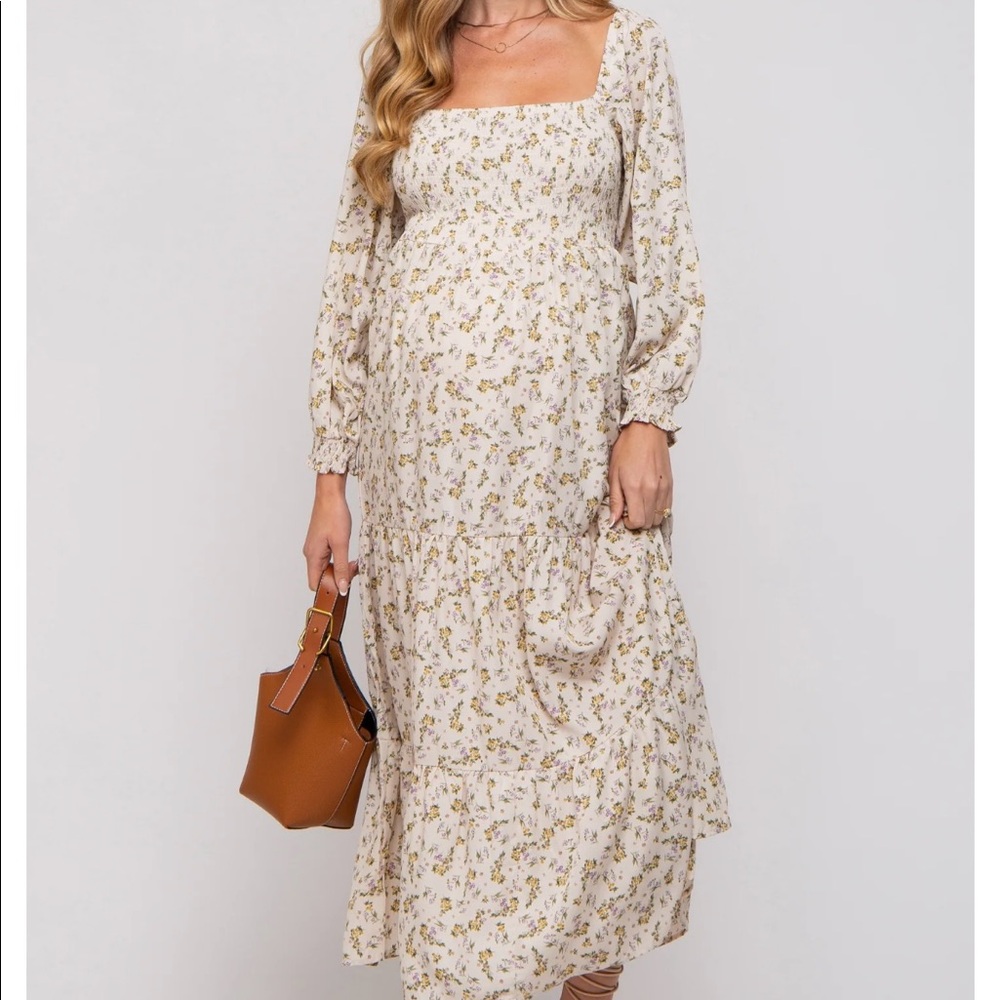 Cream Floral Smocked Long Sleeve Maternity Maxi Dress (Pink Blush)